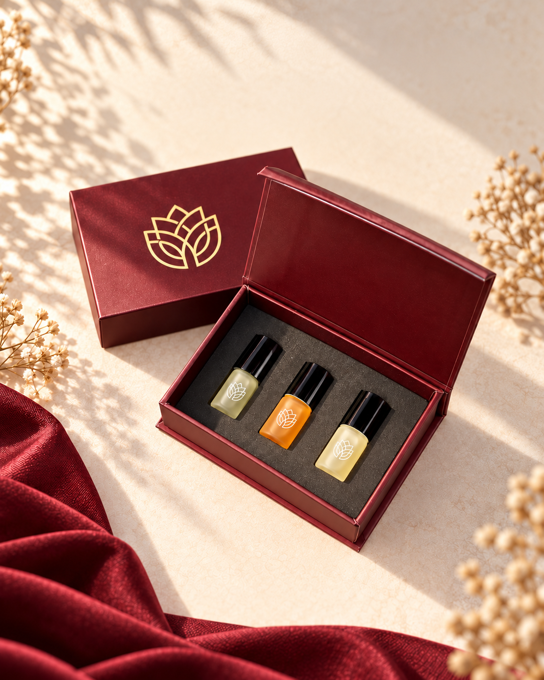 Three Hlofume perfume oils presented in a burgundy gift box